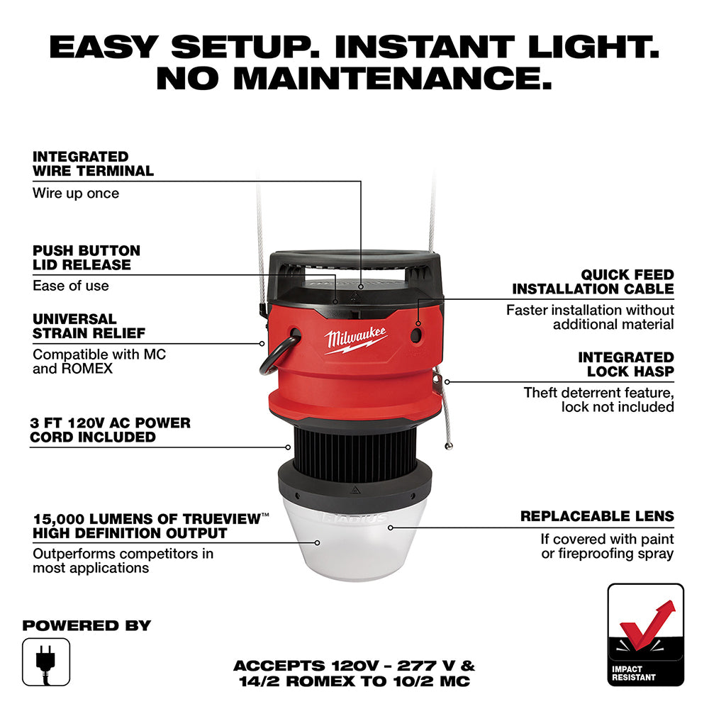 Milwaukee RADIUS LED temporary site light with red housing, black top and bottom sections, white diffuser lens, and attached 