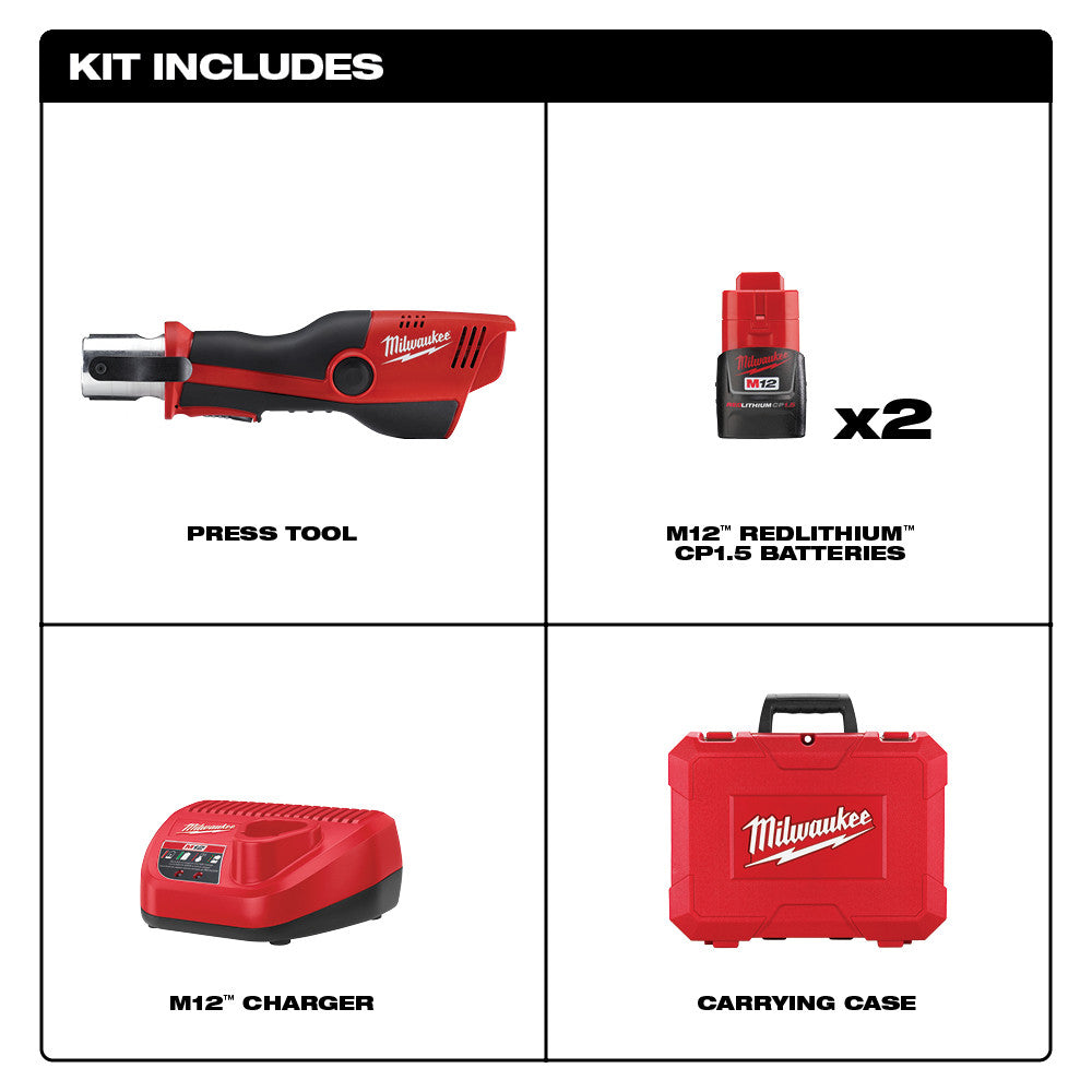 Red and black Milwaukee M12 press tool with two red batteries, charger, and carrying case.