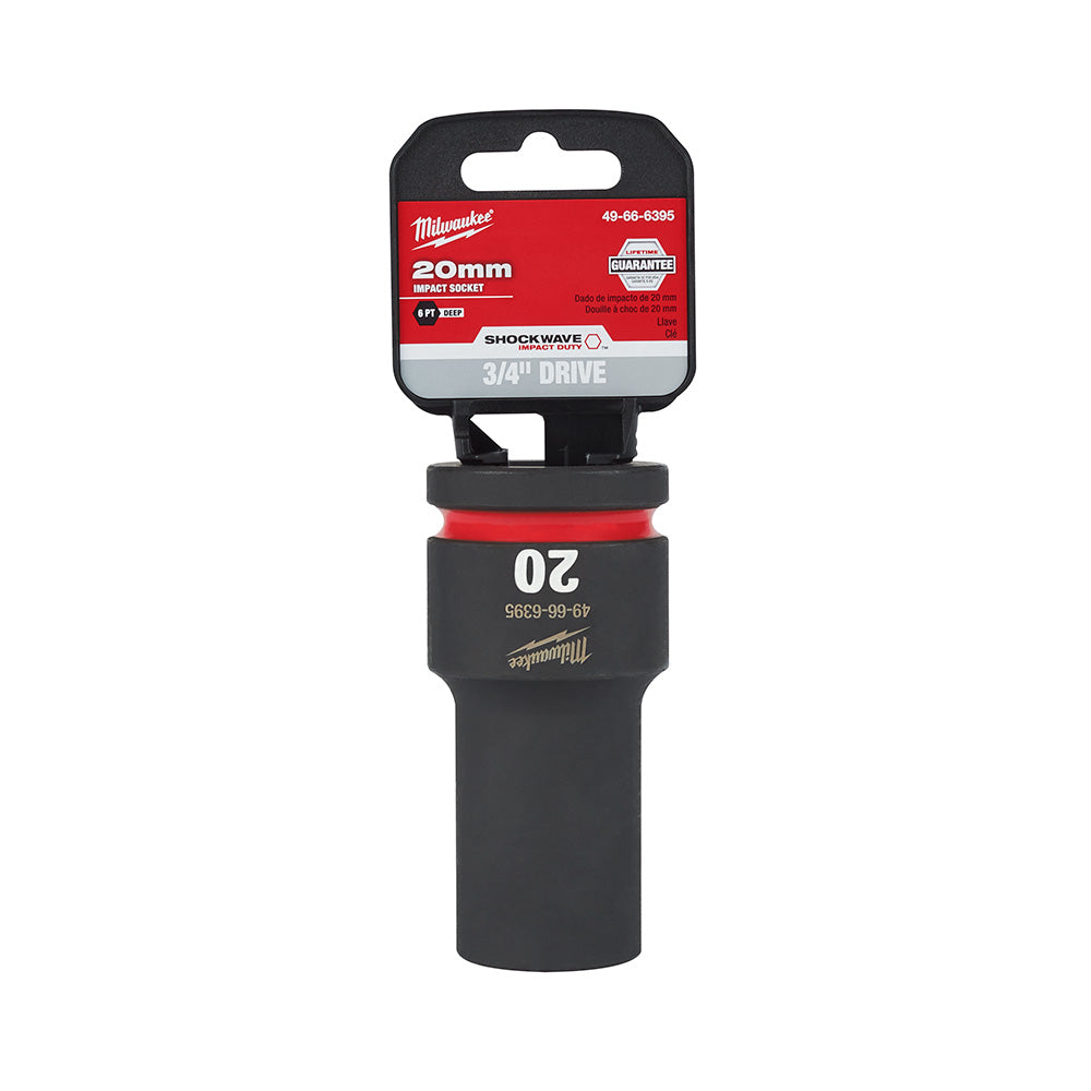 Milwaukee Shockwave Impact Duty 20MM deep socket with 3/4" drive and 6-point design, shown with packaging.
