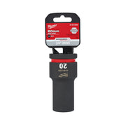 Milwaukee Shockwave Impact Duty 20MM deep socket with 3/4" drive and 6-point design, shown with packaging.