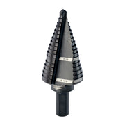 Black Milwaukee step drill bit with multiple stepped cutting edges, marked with 7/8 and 1 1/8 inch size indicators.