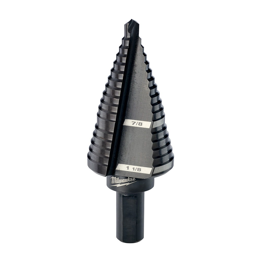 Black Milwaukee step drill bit with multiple stepped cutting edges, marked with 7/8 and 1 1/8 inch size indicators.