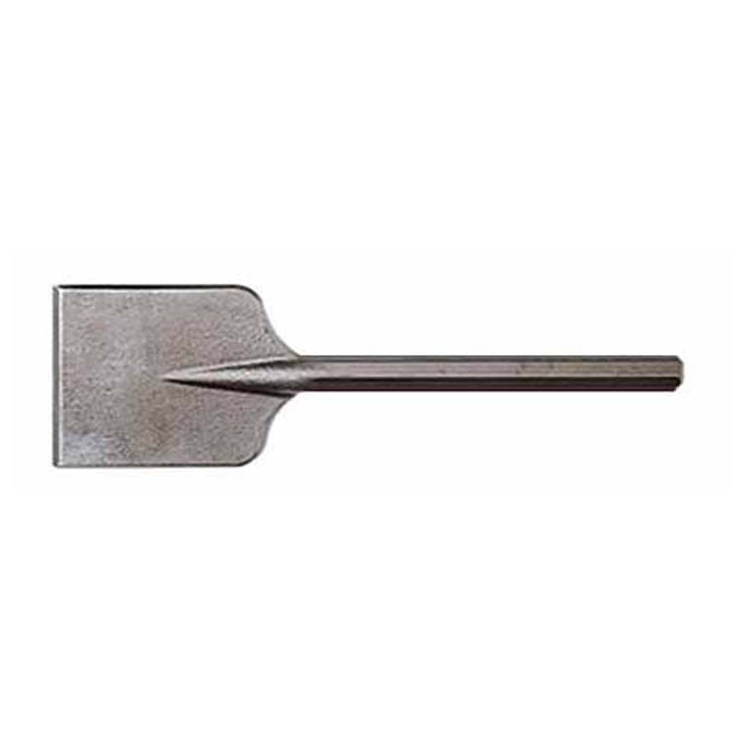Metal asphalt cutter bit with flat chisel head and tapered shank on white background.