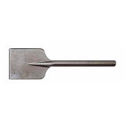 Metal asphalt cutter bit with flat chisel head and tapered shank on white background.