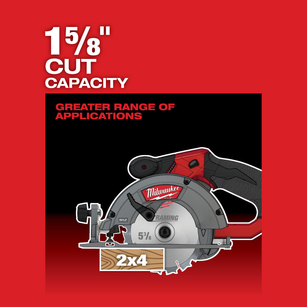 Milwaukee M12 FUEL cordless circular saw with red and black housing, gray blade, and specifications text on red background.