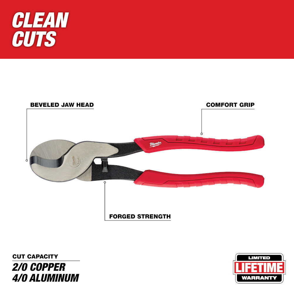 Red and black cable cutting pliers with beveled jaw head and comfort grip handles.