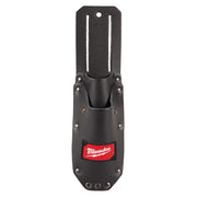 Black leather tool pouch with vertical slots, metal rivets, and Milwaukee logo label on front.