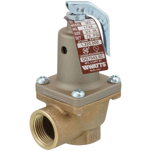 Watts 3/4 " 174A Bronze Boiler Pressure Relief Valve, 55 psi, Discharge Line Flood Sensor Included - F274598