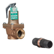 Bronze boiler pressure relief valve with lever handle and discharge line flood sensor connector shown separately.