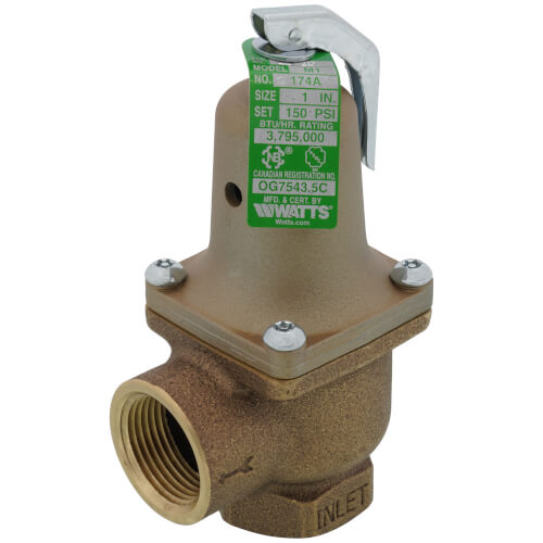 Bronze boiler pressure relief valve with green label, 1 inch inlet, 150 psi setting, and attached gray flood sensor cap.