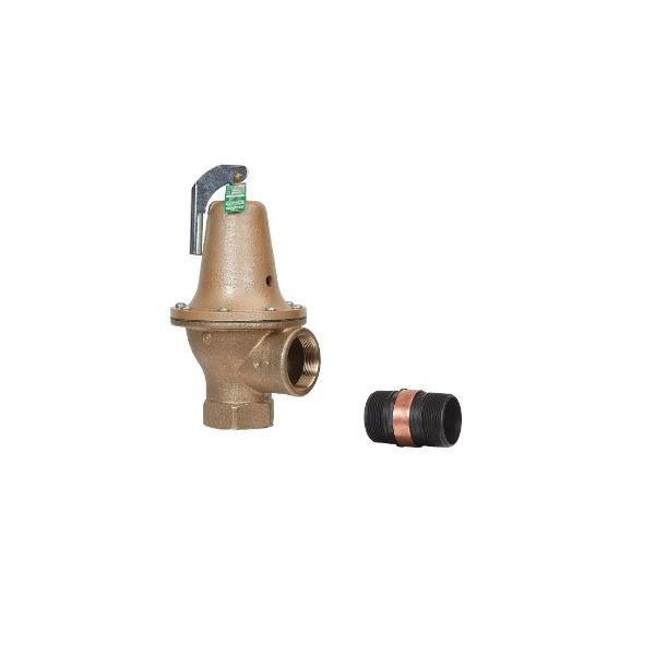 Bronze boiler pressure relief valve with adjustment handle on top and separate flood sensor connector displayed beside it.