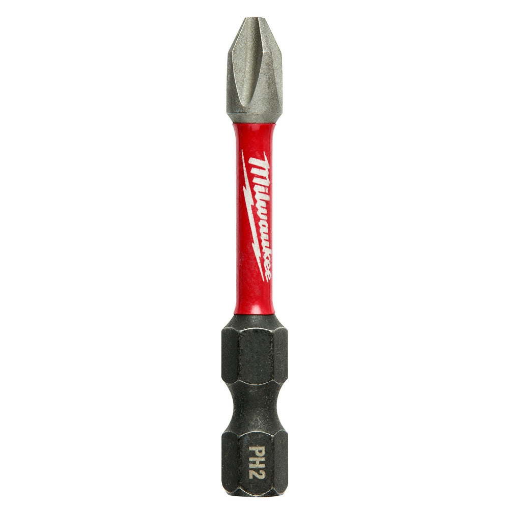 Milwaukee Shockwave 2-inch Phillips #2 impact power bit with red sleeve and black hex end.