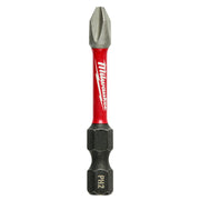 Milwaukee Shockwave 2-inch Phillips #2 impact power bit with red sleeve and black hex end.