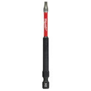 Milwaukee Shockwave SQ2 impact bit with gray tip, red sleeve, and black grip and hex shank.
