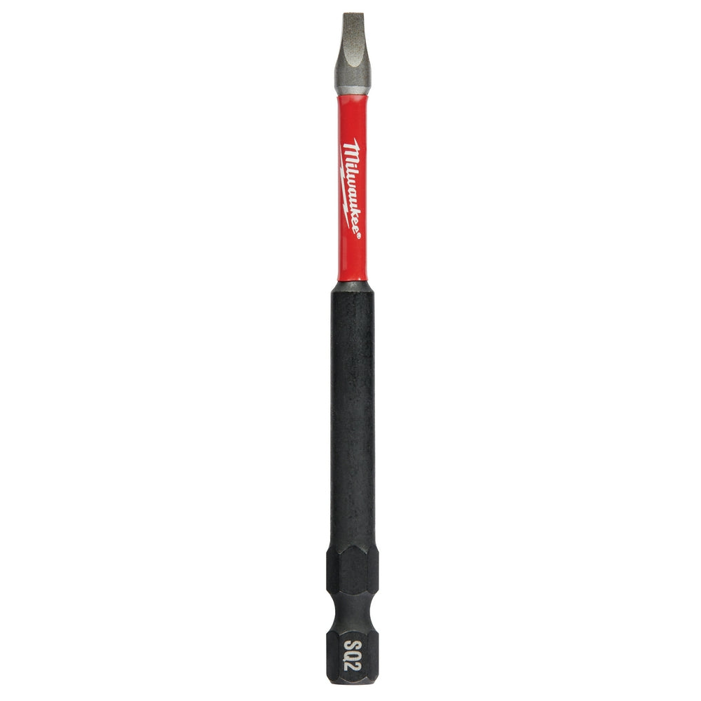 Milwaukee Shockwave SQ2 impact bit with gray tip, red sleeve, and black grip and hex shank.