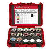Milwaukee die kit in red case with twelve metal dies arranged in foam insert and reference chart on lid.