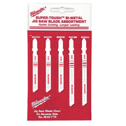 Milwaukee Super-Tough bi-metal jig saw blade assortment with five T-shank blades in varying tooth counts on red packaging.