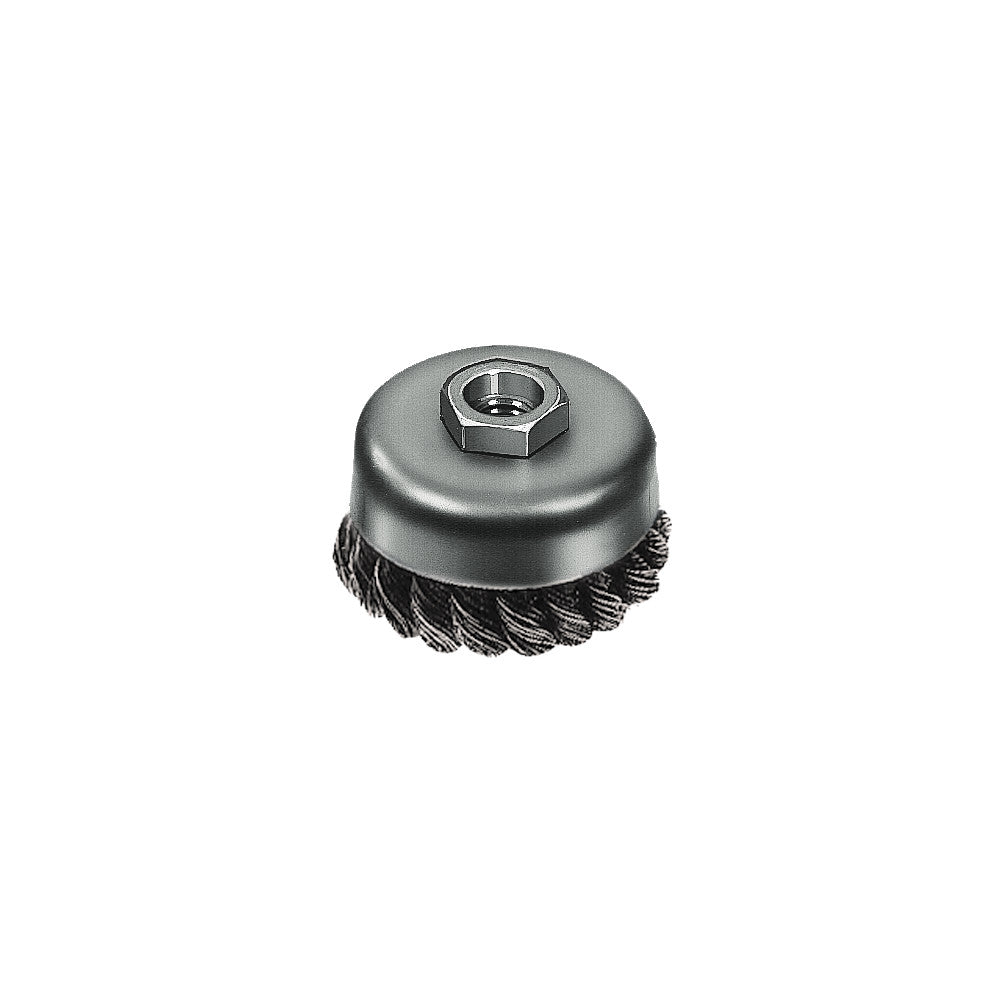 3 inch carbon steel knot wire cup brush with threaded mounting center.