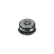 3 inch carbon steel knot wire cup brush with threaded mounting center.