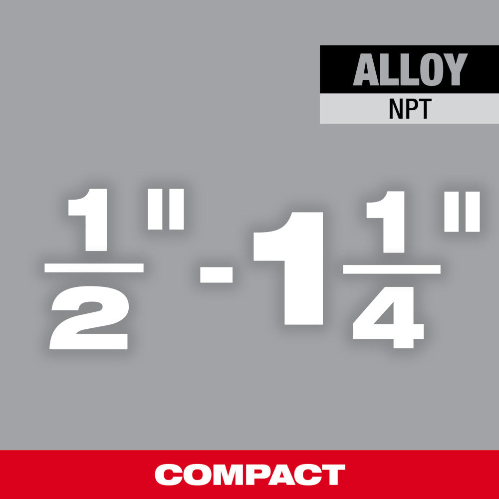 White text displaying pipe size range "1/2"-1-1/4"" with "ALLOY NPT" and "COMPACT" labels on gray and red background.