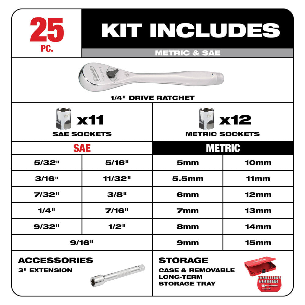 25-piece 1/4" drive ratchet and socket set with metric and SAE sockets, 3" extension, and red storage case.