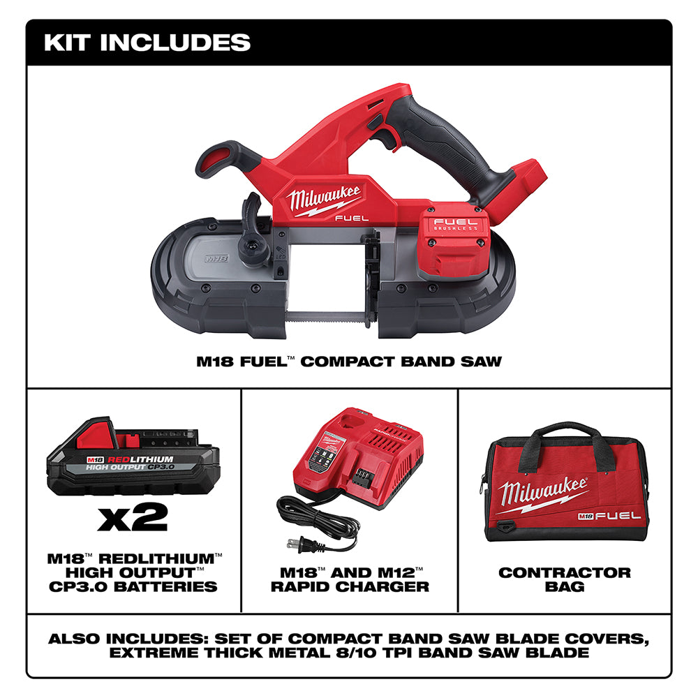 Milwaukee M18 FUEL Compact Band Saw Kit with red and black band saw, two batteries, charger, and red contractor bag.