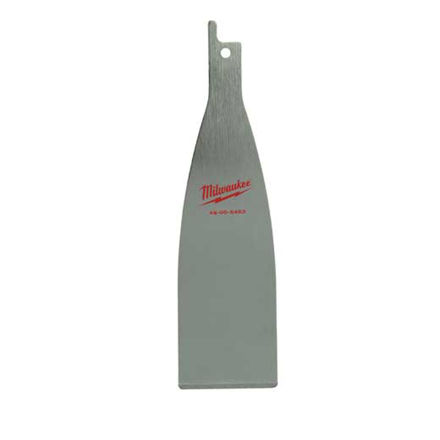 Gray metal scraper blade with Milwaukee branding and model number, featuring a hanging hole and flat rectangular working edge