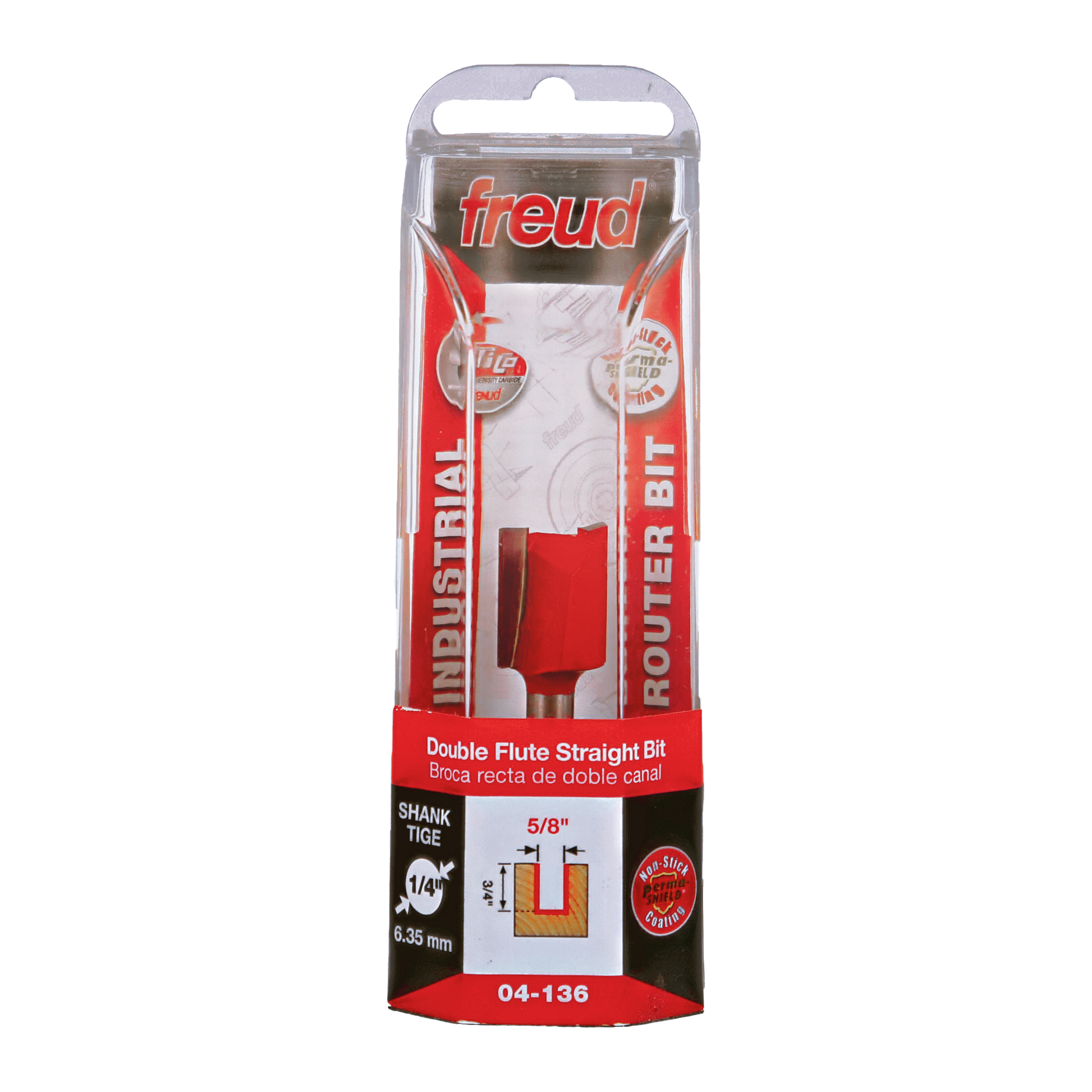 Freud 04-136 double flute straight router bit with 5/8" diameter and 1/4" shank in clear blister packaging.