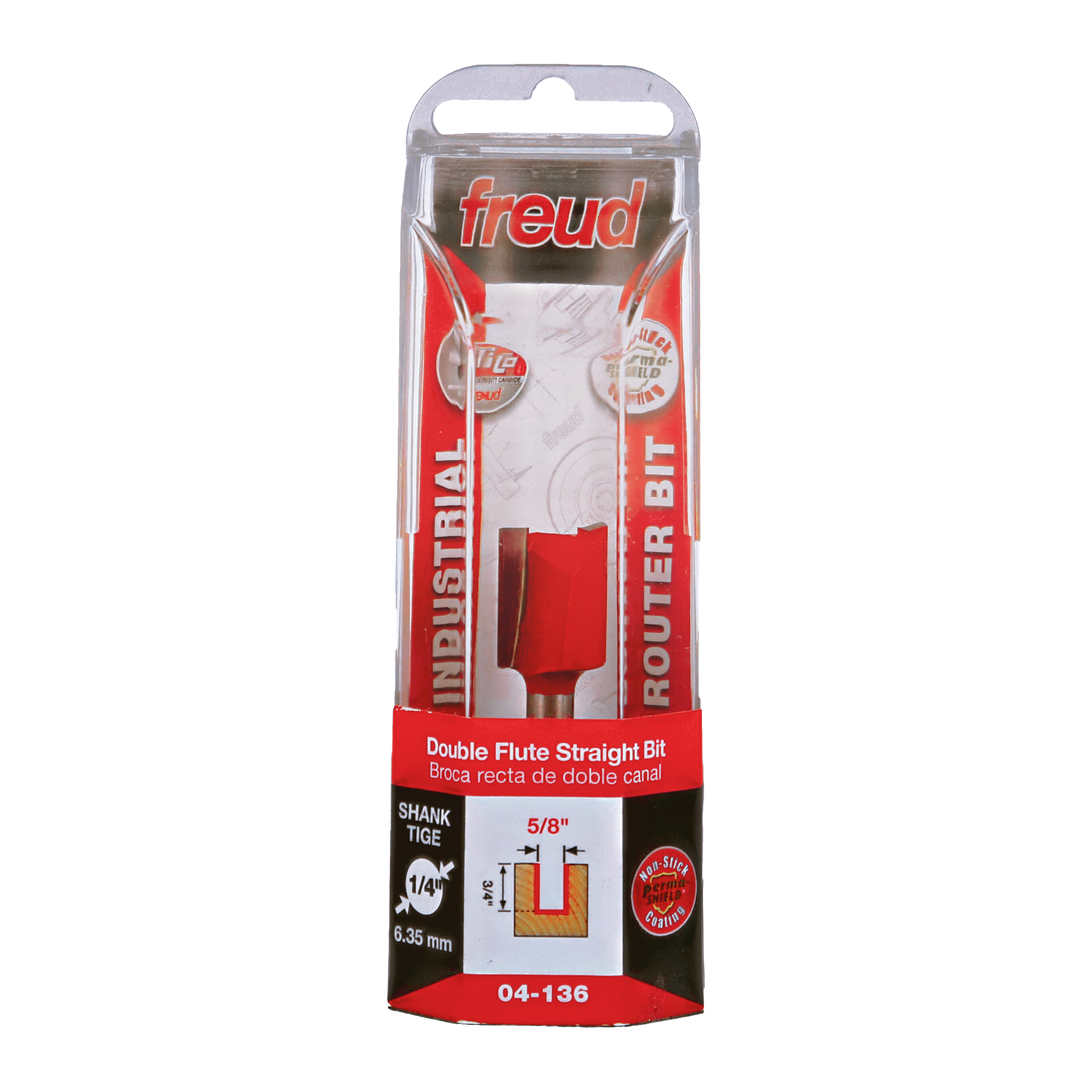 Freud 04-136 double flute straight router bit with 5/8" diameter and 1/4" shank in clear blister packaging.