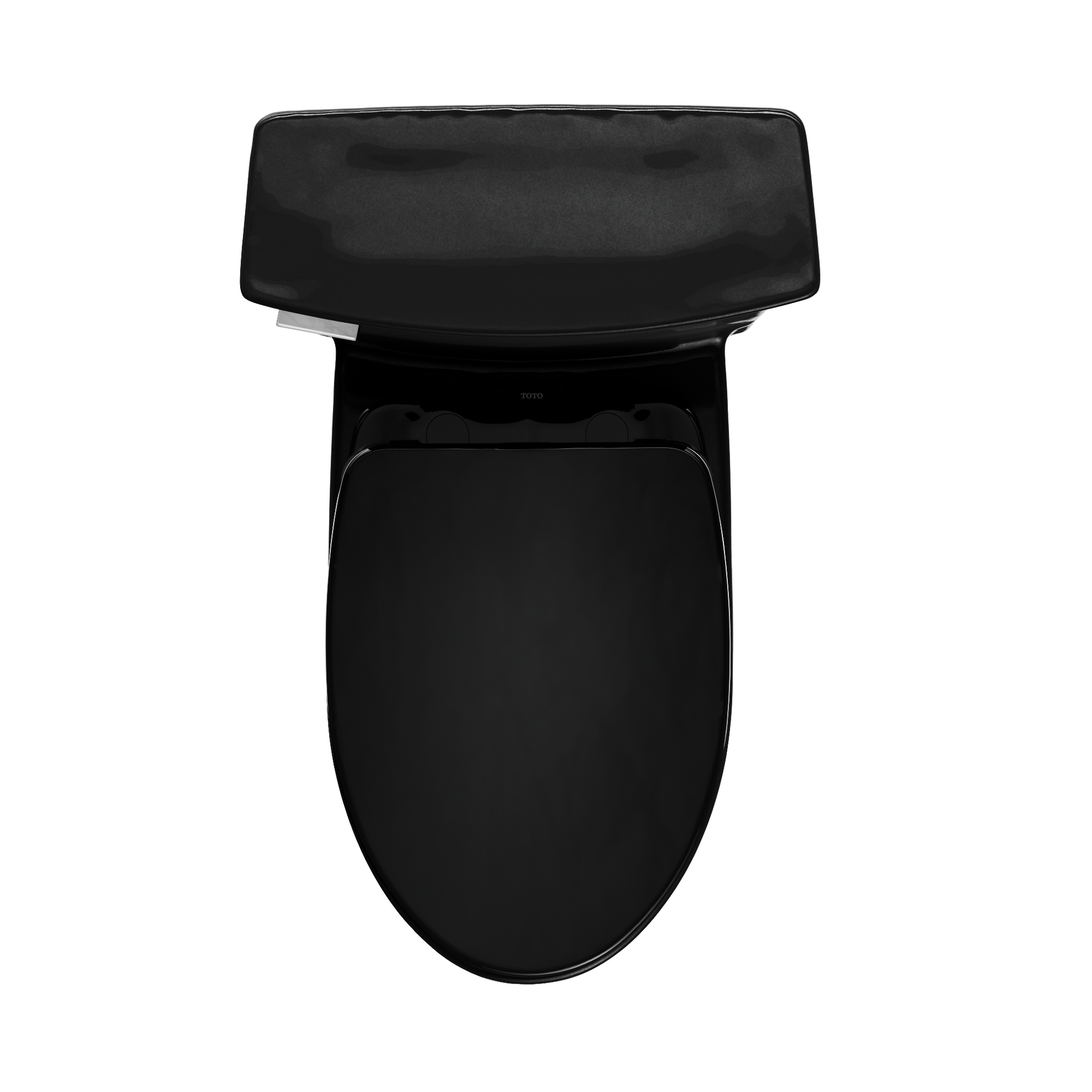 Black one-piece elongated toilet with soft-close seat, viewed from above.