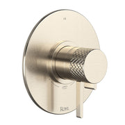 Satin nickel thermostatic and pressure balance shower trim with single lever handle and circular backplate.