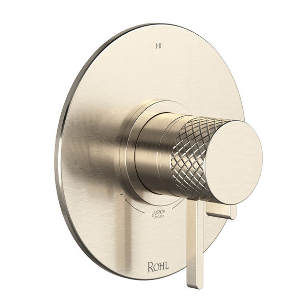 Satin nickel thermostatic and pressure balance shower trim with single lever handle and circular backplate.