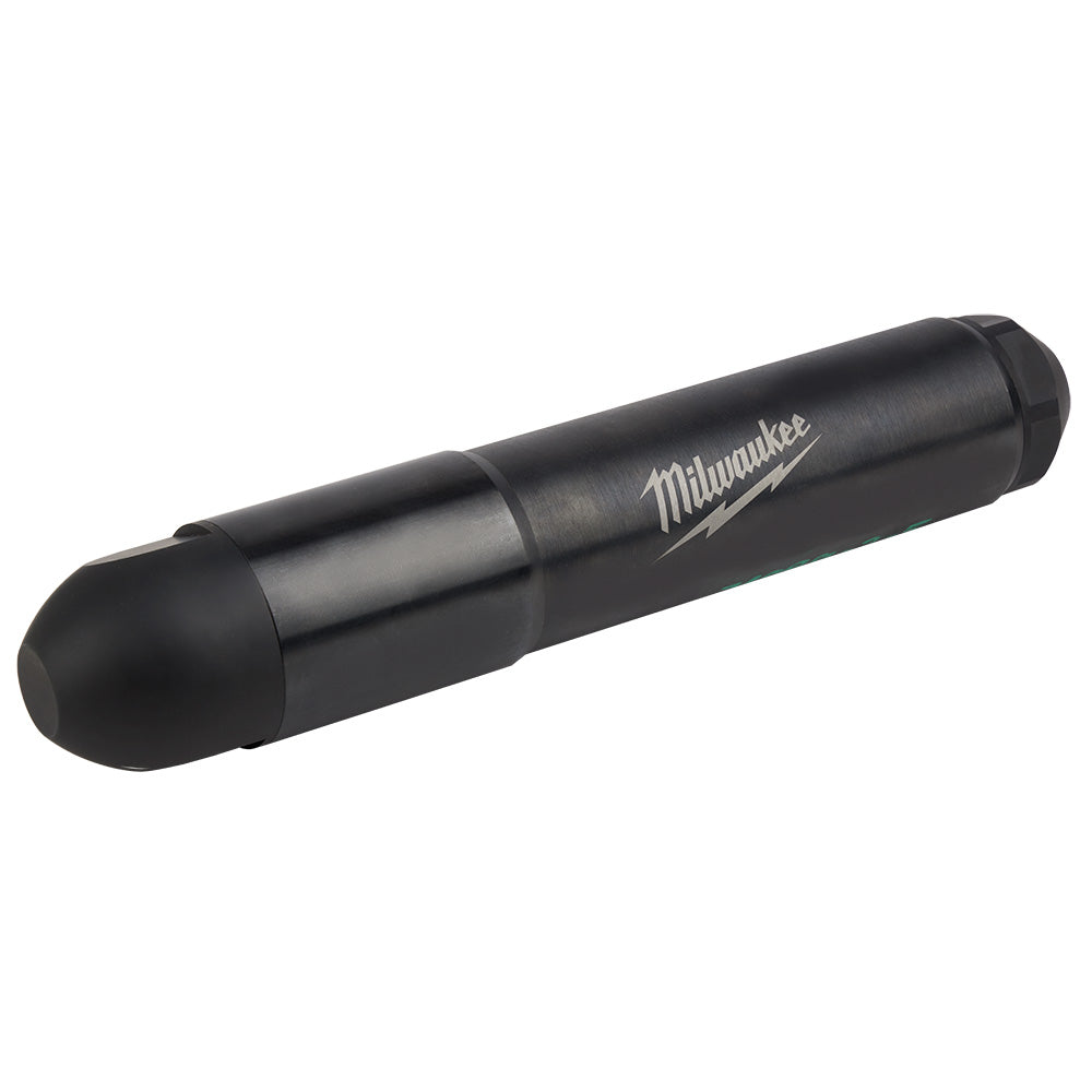 Black Milwaukee concrete vibrator head with rounded end and brand name stamped on cylindrical body.