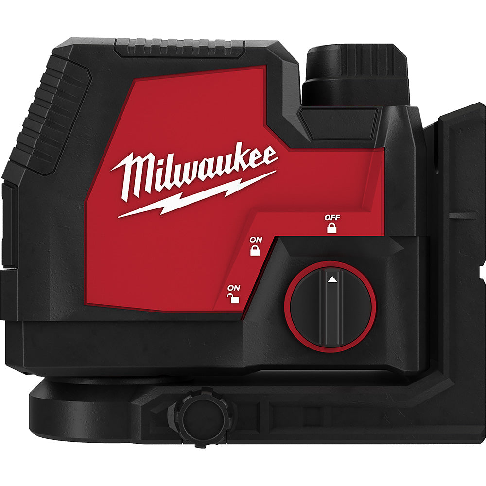 Milwaukee red and black cross line laser with USB rechargeable battery, ON/OFF switches, and adjustment dial.