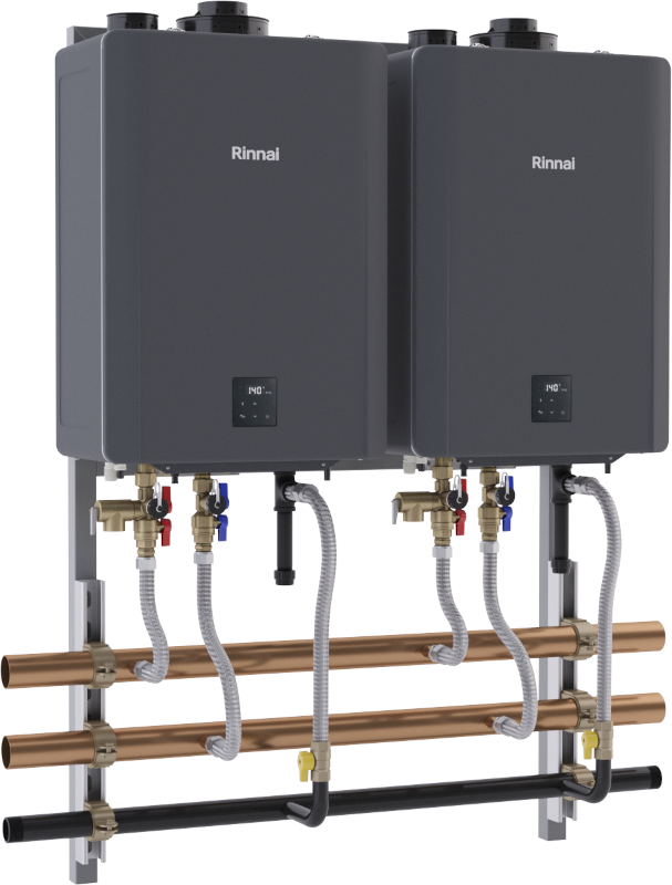 Two black Rinnai tankless water heaters mounted on a wall-hanging rack system with copper and black piping connections below.