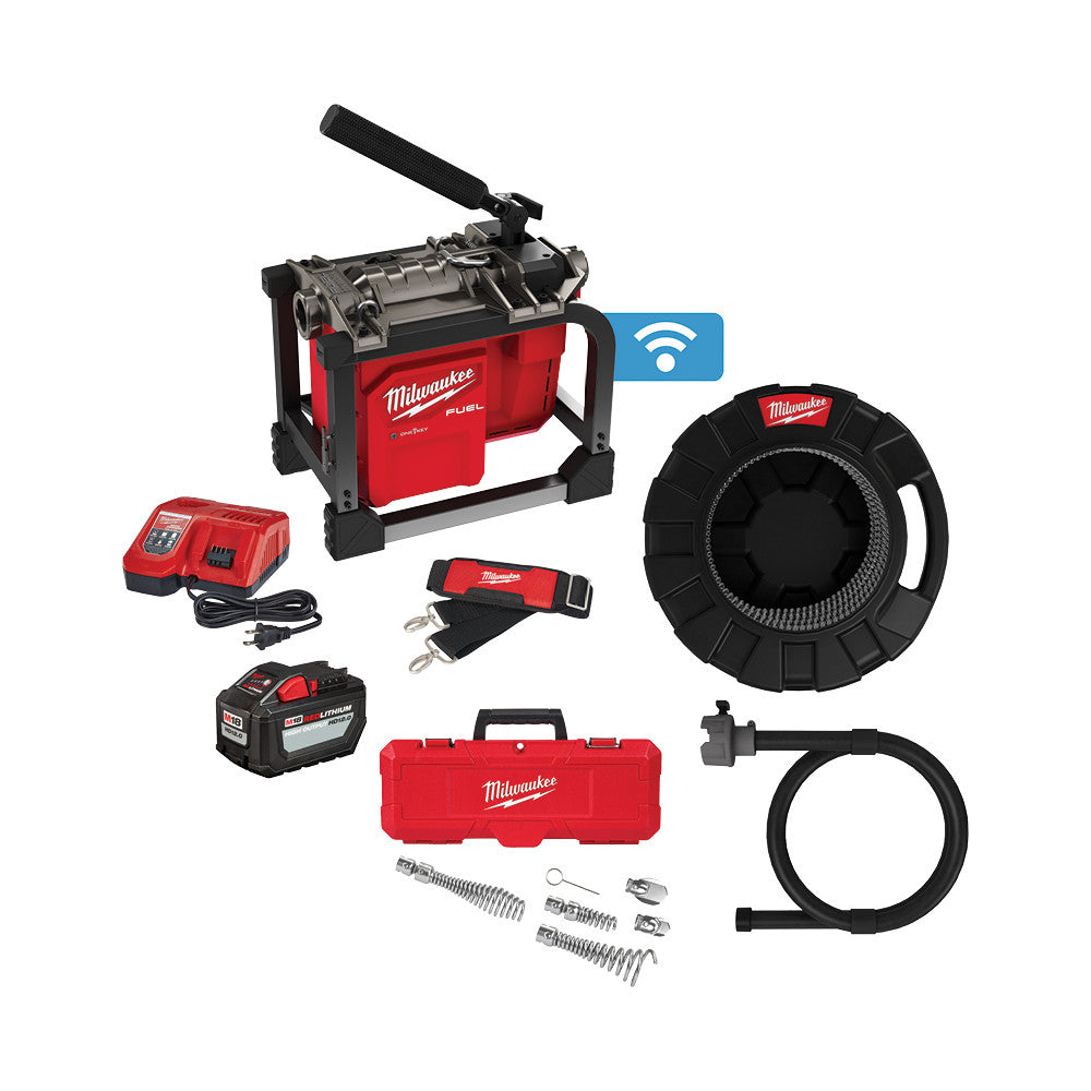 Milwaukee M18 FUEL sectional machine with red body, black handle, battery, charger, cable reel, hoses, and accessories displa