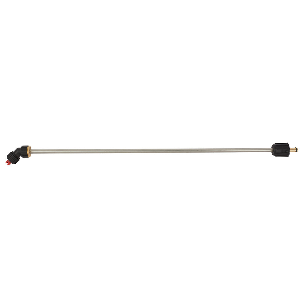 Straight metal wand with black angled connector on left end and black nozzle on right end.