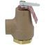 Brass hot water boiler relief valve with 3/4" female connections and attached lever handle.