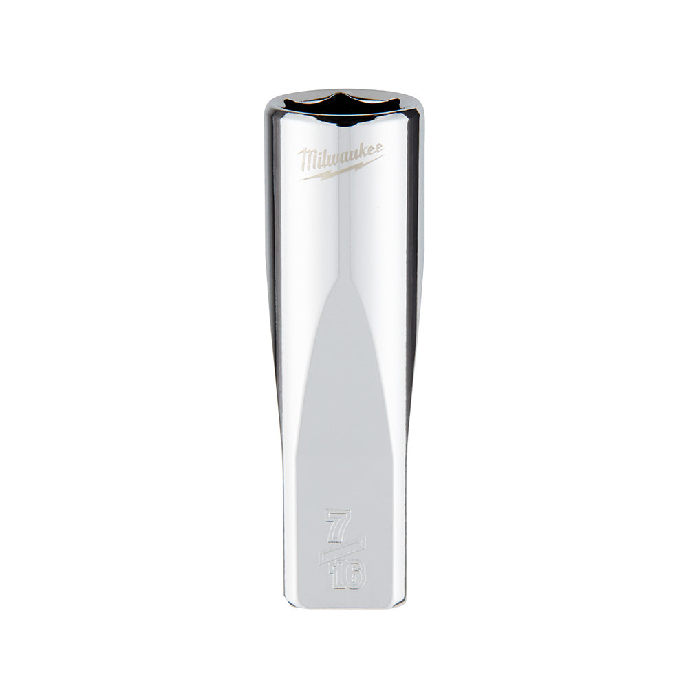 Chrome deep socket with 6-point opening, Milwaukee branding on polished surface, size marking 7/16 visible on lower end.