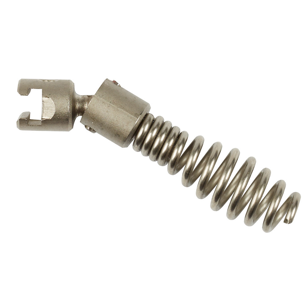 Small metal drop head attachment with forked connector and coiled spring, plated finish.