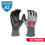 Gray and black polyurethane dipped work gloves with blue cuff, ANSI Cut Level A2 rated.