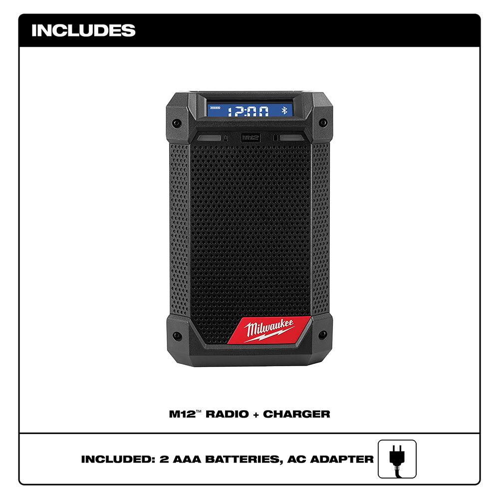 Black Milwaukee M12 radio with digital display, perforated speaker grille, and gray rubberized frame.