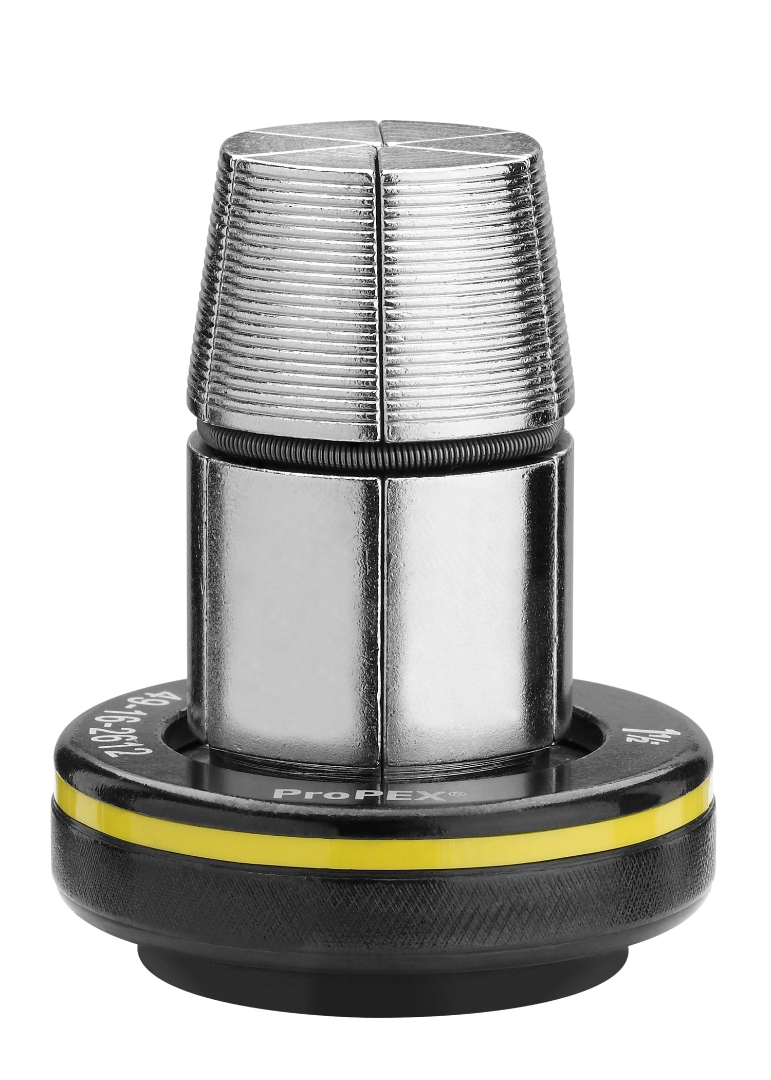 Silver metal expander head with ribbed cone top, black rubber base band, and yellow stripe on black grip ring.