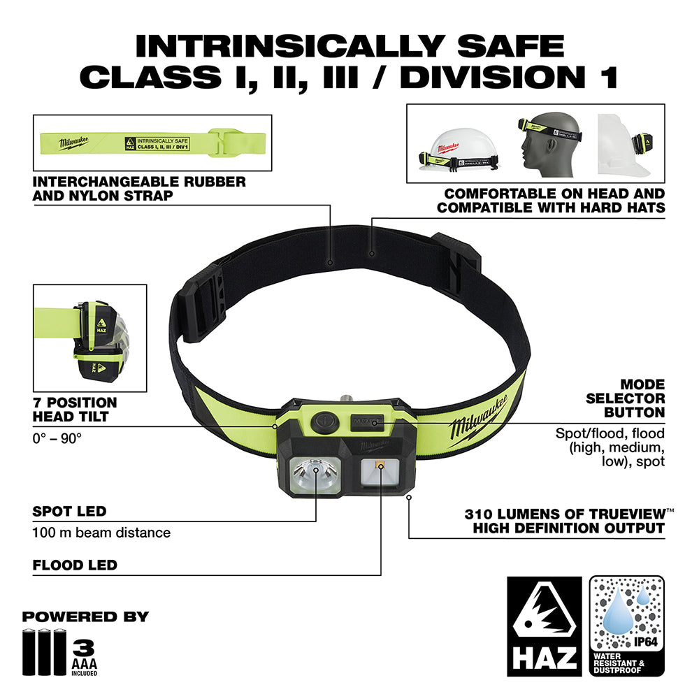 Milwaukee intrinsically safe headlamp with yellow and black strap, spot and flood LED modes, 310 lumens output, adjustable ti