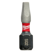 Single Milwaukee Shockwave #2 square recess insert bit with gray tip, red band, and black hexagonal base marked "S2".