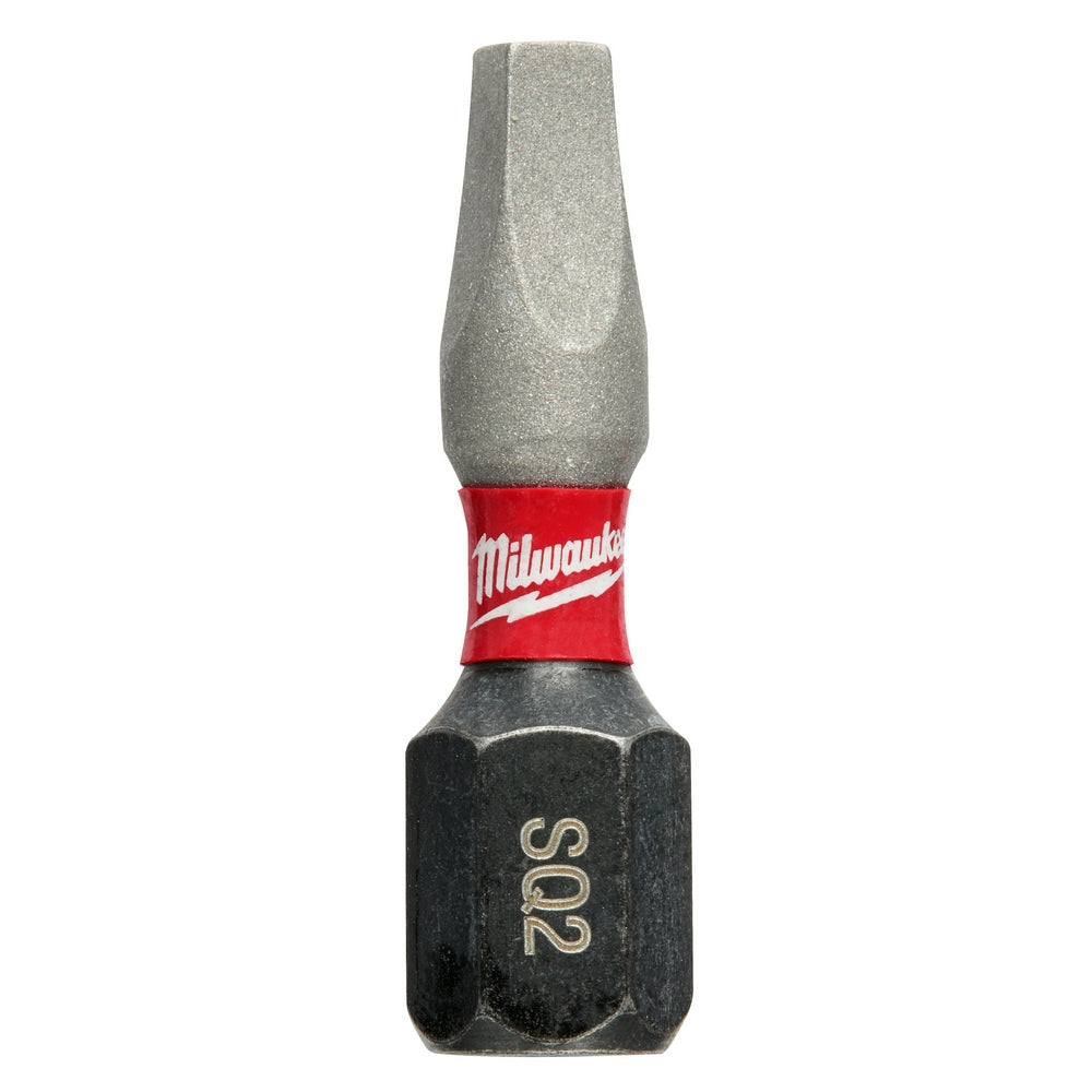 Single Milwaukee Shockwave #2 square recess insert bit with gray tip, red band, and black hexagonal base marked "S2".