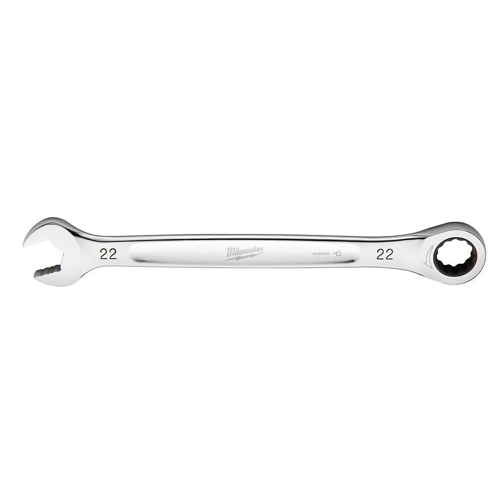 Silver Milwaukee 22mm ratcheting combination wrench with open end on left and circular ratchet head on right.