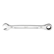 Silver Milwaukee 22mm ratcheting combination wrench with open end on left and circular ratchet head on right.