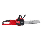 Red and black Milwaukee M18 FUEL cordless chainsaw with 14-inch bar and chain, viewed from the side.
