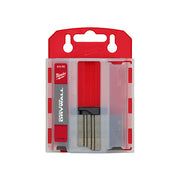 Red and clear plastic dispenser package containing stacked utility knife blades with black and metal cartridge.